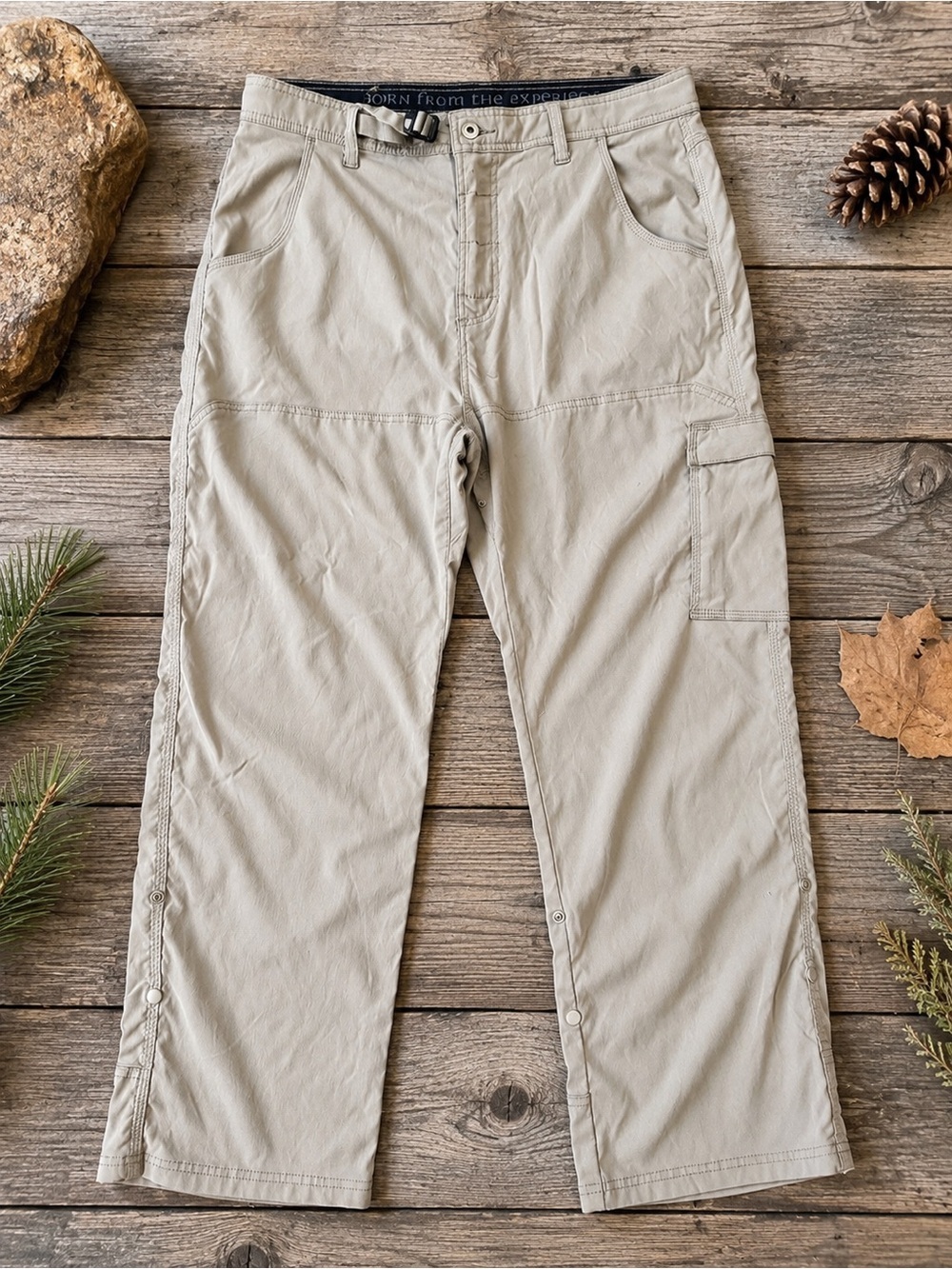 PrAna Stretch Hiking Cargo Pants Men’s 34x30 Khaki Roll-Up